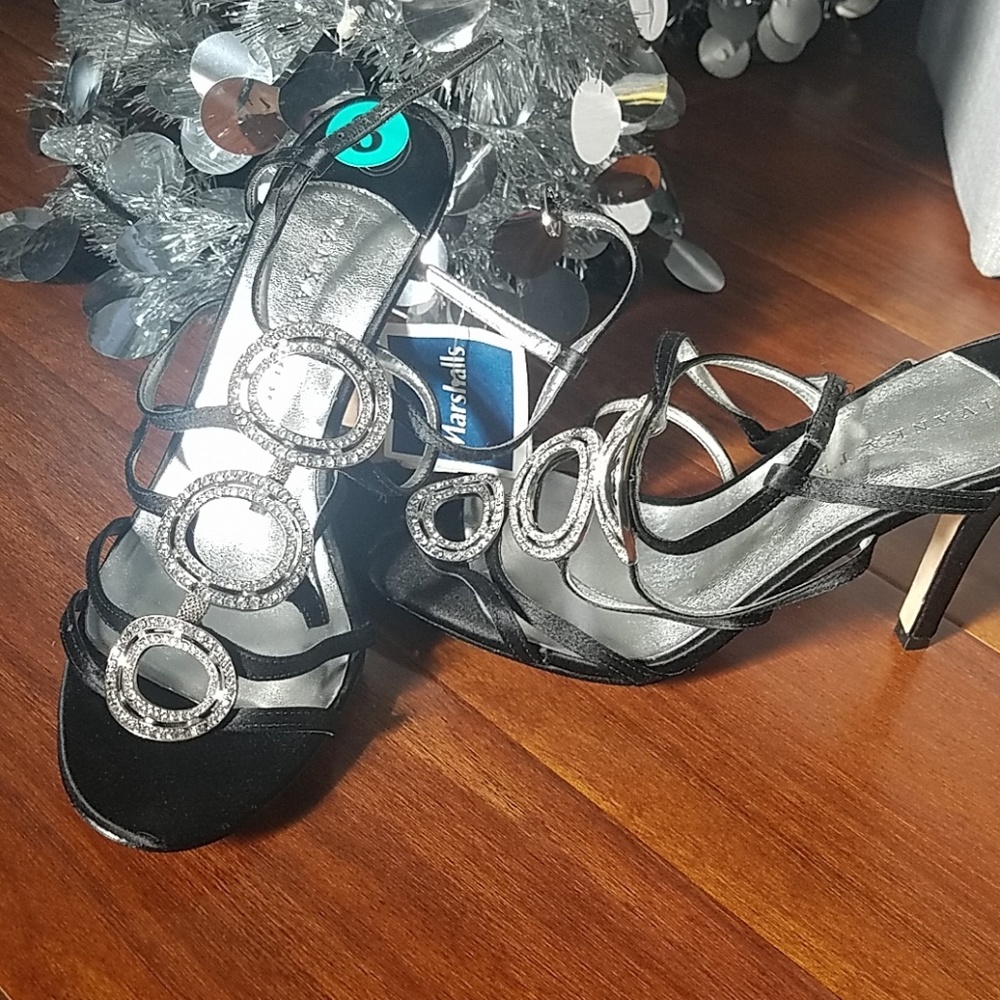 NWT strappy black and rhinestone heels